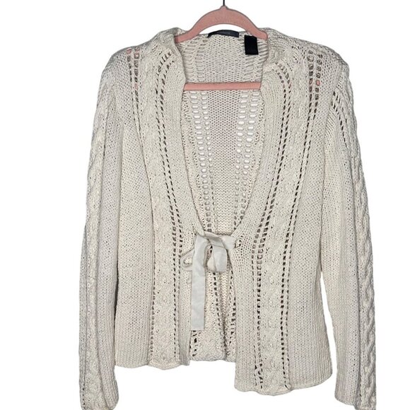 Liz Claiborne Tie Cardigan Linen Blend M Cottage Grandma Cable Cozy Luxury Twee - Picture 1 of 8